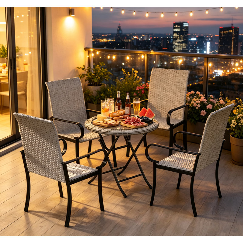 Ensemble de 4 fauteuils de jardin avec structure en acier, en résine tressée PE grise résistante aux intempéries, à dossier haut, pour balcon, terrasse ou jardin, intérieur/extérieur.