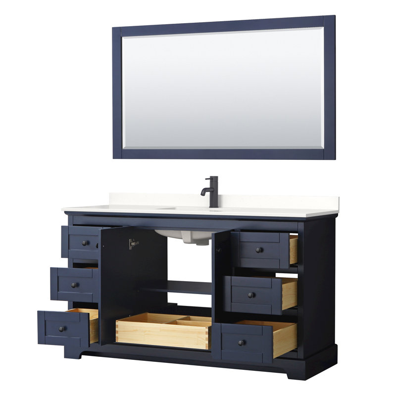 Avery 60'' Single Bathroom Vanity with Top, Light Vein Carrara Cultured Marble, Dark Blue, Polished Chrome