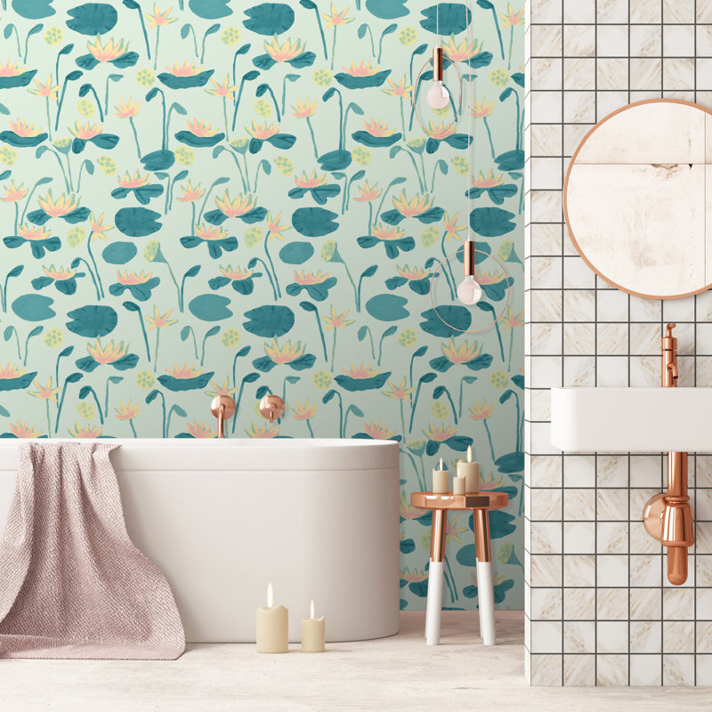 Rouleau de papier peint flottant L 33 pi x l 20,5 po Lotus, Bleu sarcelle