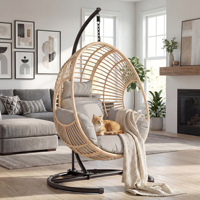 Fauteuil à œufs suspendu surdimensionné pour l'extérieur avec support, coussin et housse de pluie, balancelle de patio en osier de rotin pour jardin, balcon et porche