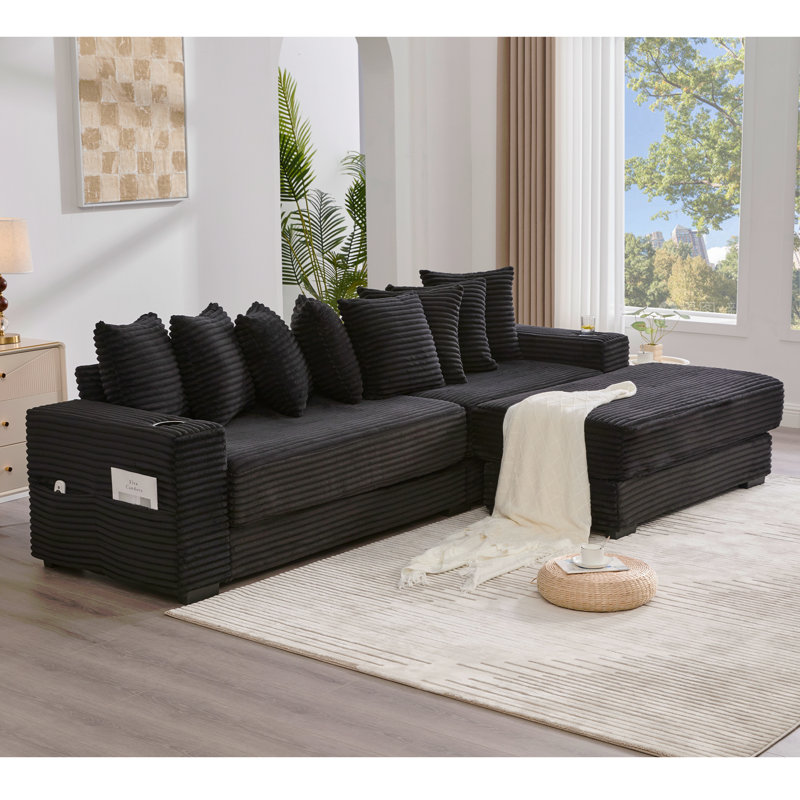 Canapé modulaire en L 110,75 po, canapé modulaire en velours côtelé, avec repose-pieds mobile, porte-gobelets, 8 coussins décoratifs, poche latérale, déplier dans un lit, noir