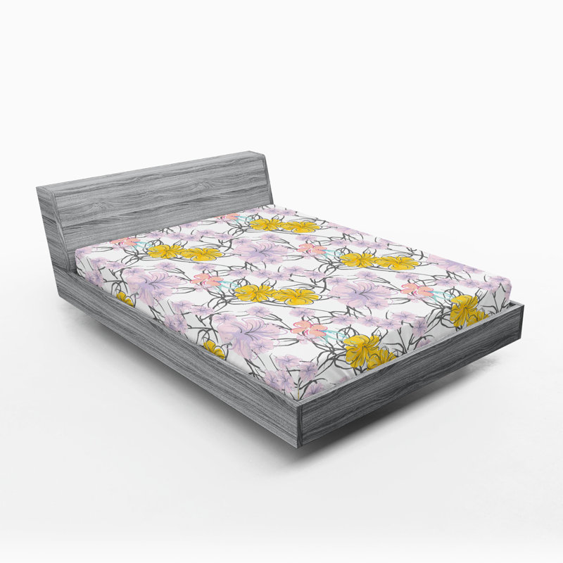 Drap-housse à motif floral Ambesonne, Moutarde, mauve pastel / floral, Drap-housse très grand californien