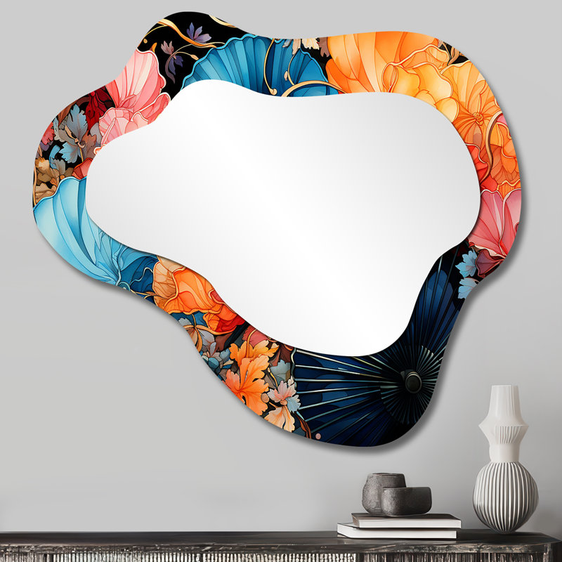 Japon Art Kimonos And Fans II - Japan Art Cloud Decorative Wall Mirror, Global Asymmetrical Mirror, Printed Metal Art