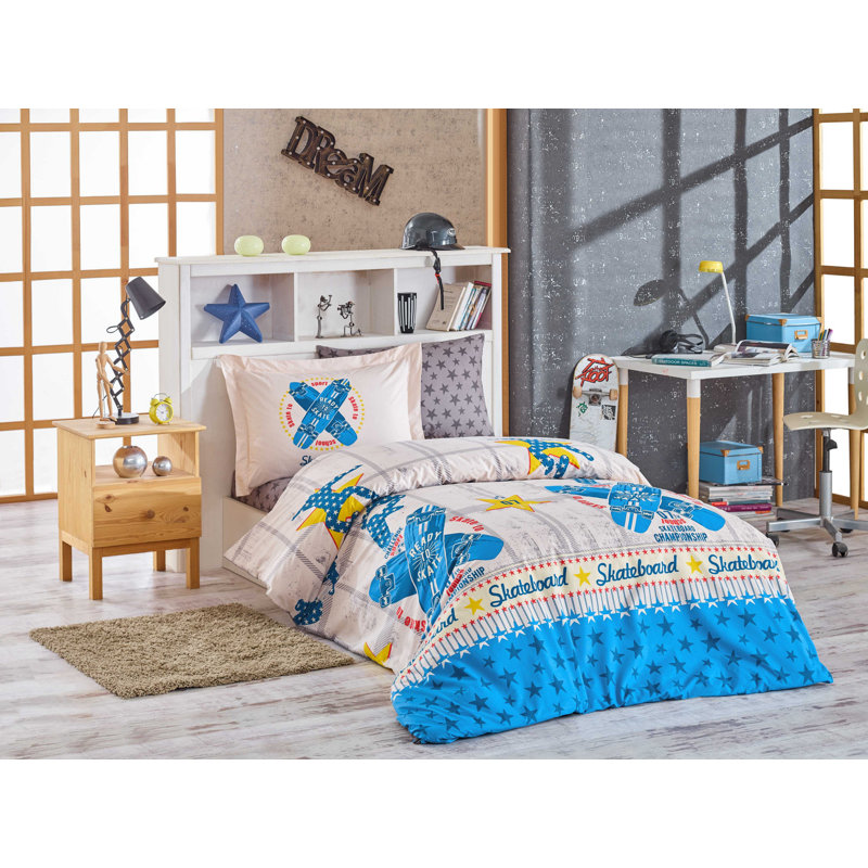 Ensemble de housse de couette 100% coton crème / bleu / jaune 3 pièces Finke