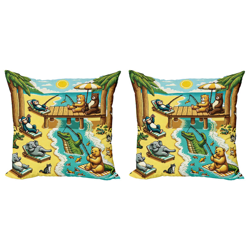 429984_Ambesonne, housse de coussin 2 animaux, Happy Leisure Day, H 20 po x l 20 po
