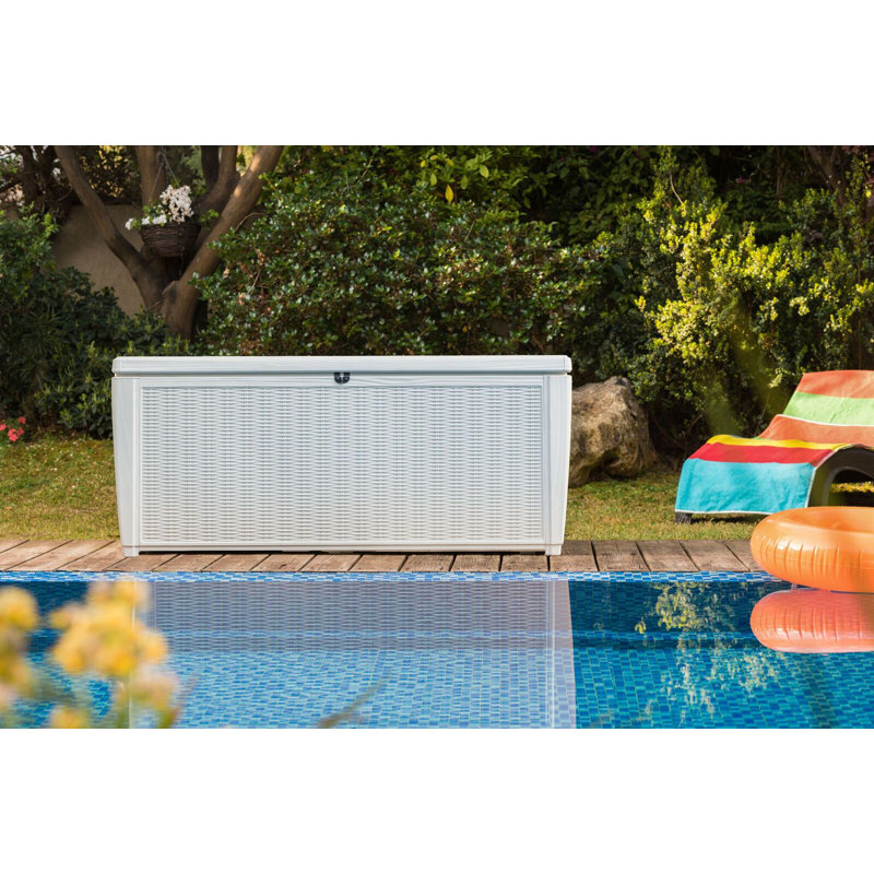 White Large Resin Wicker Lockable Deck Box