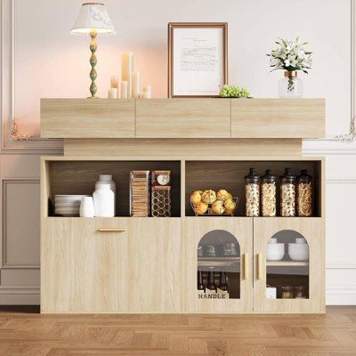 Buffet moderne avec portes arquées en verre, 3 tiroirs, tablettes réglables et charge USB-C