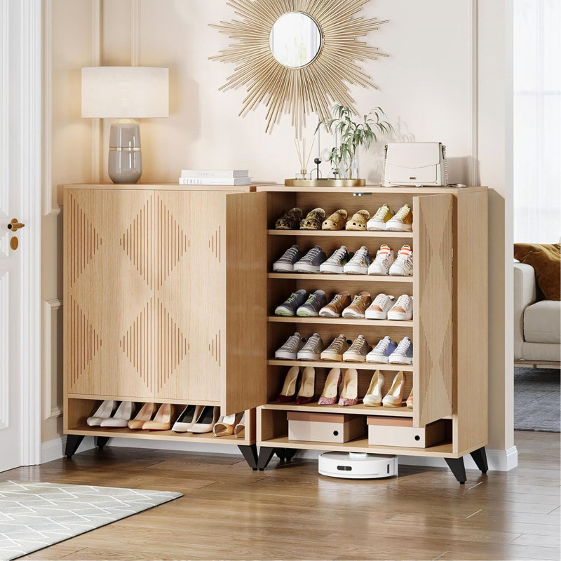 Armoire à chaussures 31,49 po à 6 niveaux en bois naturel avec portes, unité de rangement de vestibule réglable pour le salon et le vestibule