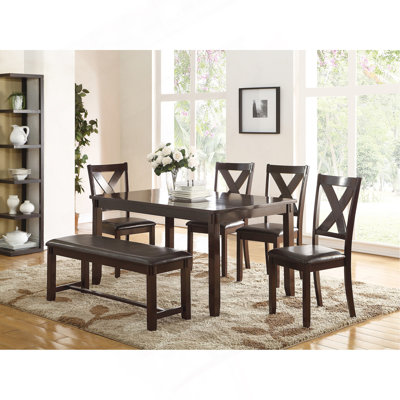 Dining Room Furniture Casual Modern 6Pc Set Dining Table 4X Side Chairs And A Bench Rubberwood And Birch Veneers Espresso Finish