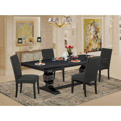 5-piece kitchen set consists of a dinner table and 4 Black Linen Fabric parson chairs with Padded Chair Back - Sand Blasting Black Finish.