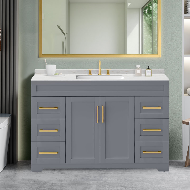 Meuble-lavabo moderne 48 po avec contreplaqué en pierre reconstituée sans robinet, Gris/doré