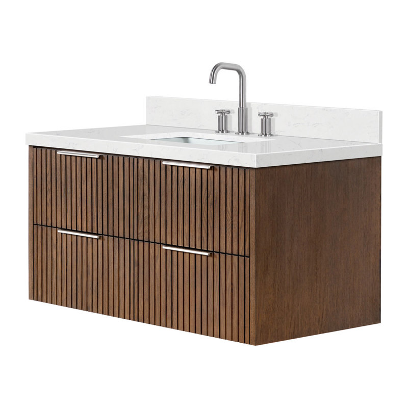 Ensemble de meuble-lavabo mural rectangulaire simple de 42 po avec comptoir à quartz blanc Carrara de 1,5 po Mulloy