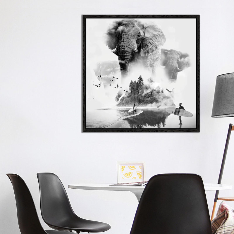 Elephant In The Mist Surfer by David Loblaw - Print on Canvas, Black Framed, 93.98 cm H x 93.98 cm W