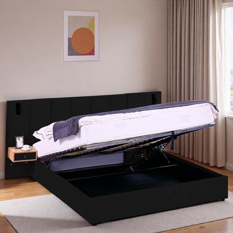 Lit plateforme tapissier hydraulique en velours avec 2 tablettes, 2 lampes de lecture et port USB, Noir
