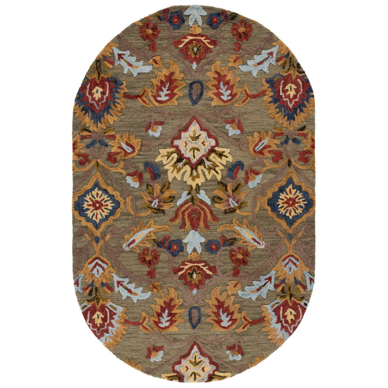 Tapis vert / multicolore en laine fait à la main Tansy, Ovale 5 pi x 8 pi