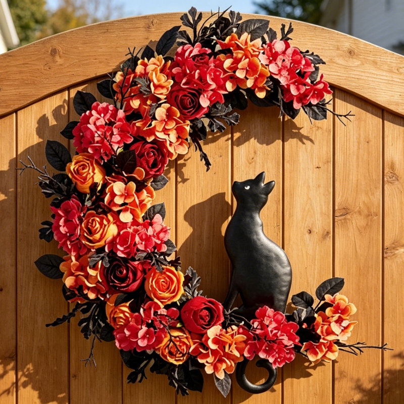 Décoration de porte d'Halloween en forme de couronne florale orange rouge rose