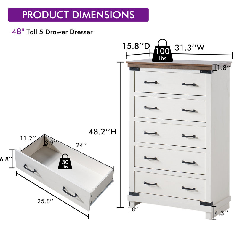 Commode 5 tiroirs H 48 po avec grand espace de rangement Farmhouse, blanc / brun, Blanc / Brun