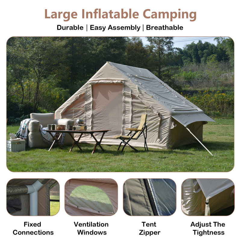 Tente de camping gonflable, tente d'installation portable résistante à l'eau avec fenêtres en filet et pompes beige