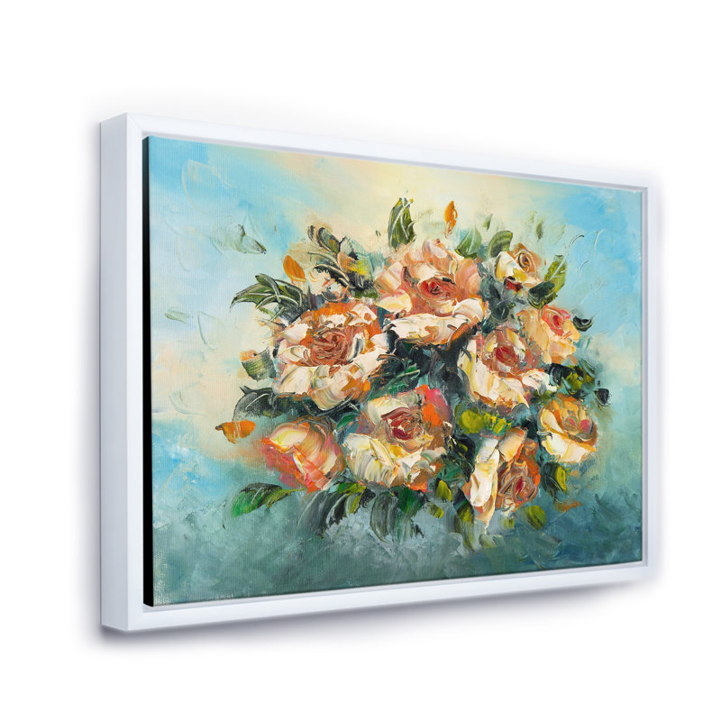 Bouquet de fleurs rétro rose foncé - peinture sur toile, H 12 po x l 20 po x p 1 po, Cadre flottant blanc