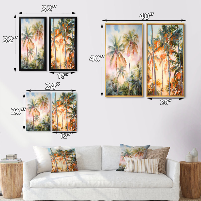 Palmiers, coucher de soleil romantique, ensemble de 2 pièces d'art mural palmiers et palmiers, Toile tendue