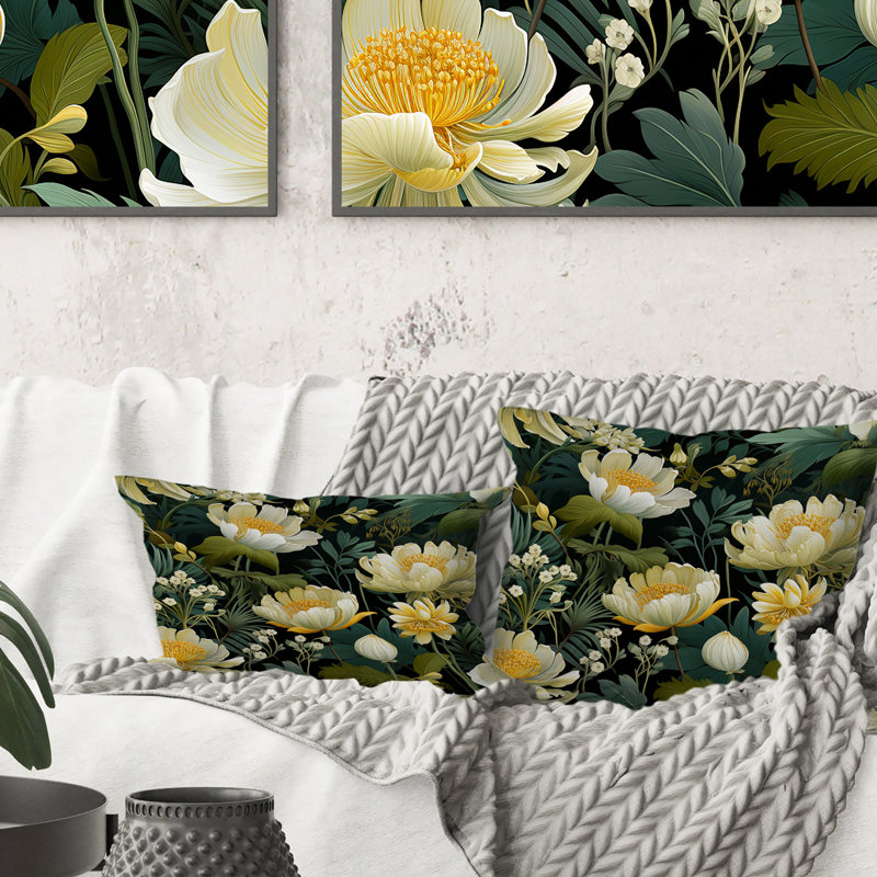 Botanical Green and Yellow Poppies Garden - Coussin imprimé floral