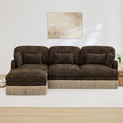 Canapé confortable en L 100 po à imprimé léopard en chenille de 100 po, bord à pampille délicat, repose-pieds mobile, style moderne, dossier et siège ergonomiques, assemblage facile, siège profond pour le salon