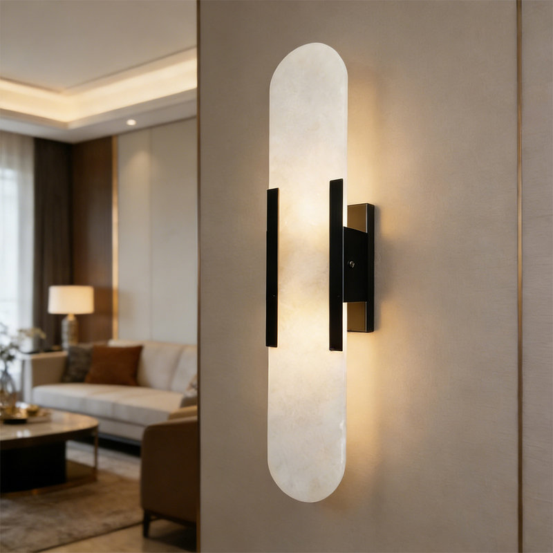 Applique murale moderne en albâtre, lumière de meuble-lavabo à DEL avec cadre en métal noir, lampe murale intérieure verticale pour le salon de la salle de bain