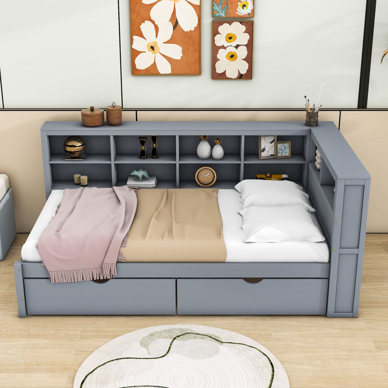 Sydia 2 Drawers Wood DayBed with and Shelves and USB Charging Ports, Twin, Gray