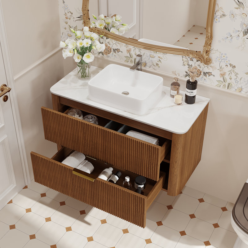 Meuble-lavabo de luxe moderne en pierre frittée 36 po 36 po, lavabo mural avec deux tiroirs et poignée dorée, lavabo doré