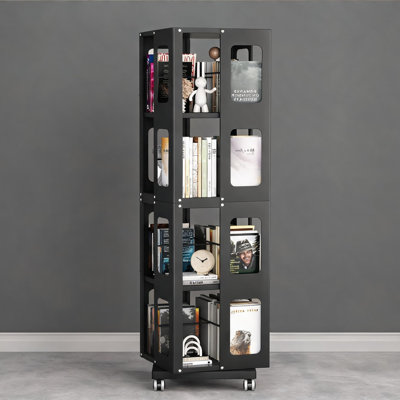 Bibliothèque rotative de rangement pour la maison, grand classique noir tout acier à 4 niveaux avec roulettes pivotantes à 360 degrés
