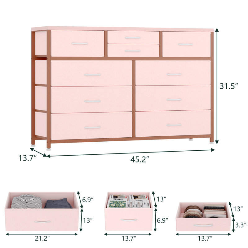 10 Drawers Dresser, Fabric Storage Drawers For Closets, Pink