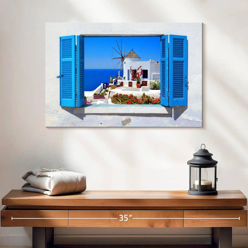 Ravi Oia Windmill Window View, 16" H x 24" W
