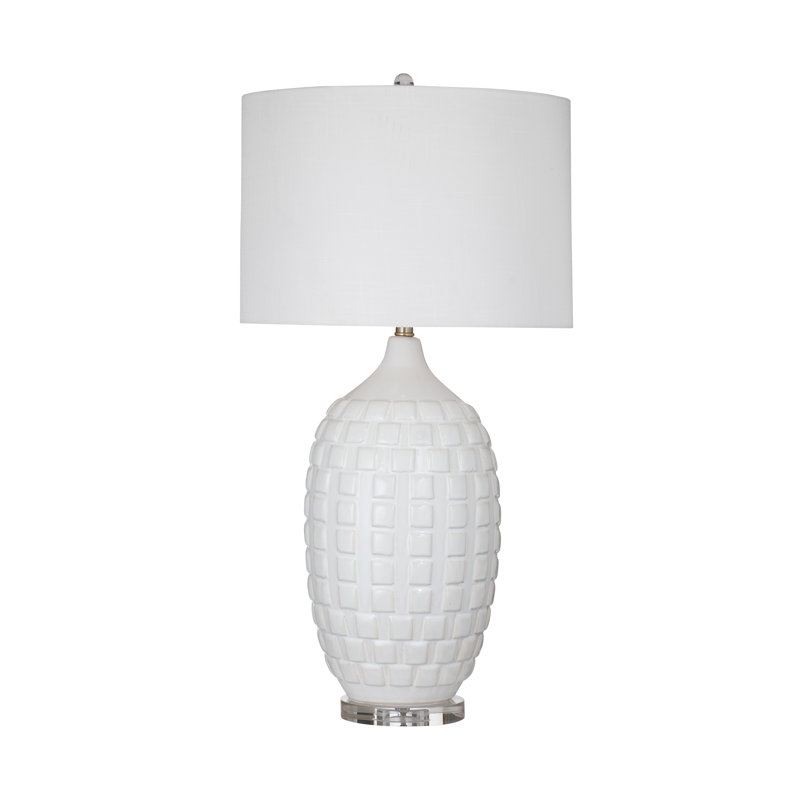 Sesser White Ceramic Table Lamp with Square Pattern & Drum Shade