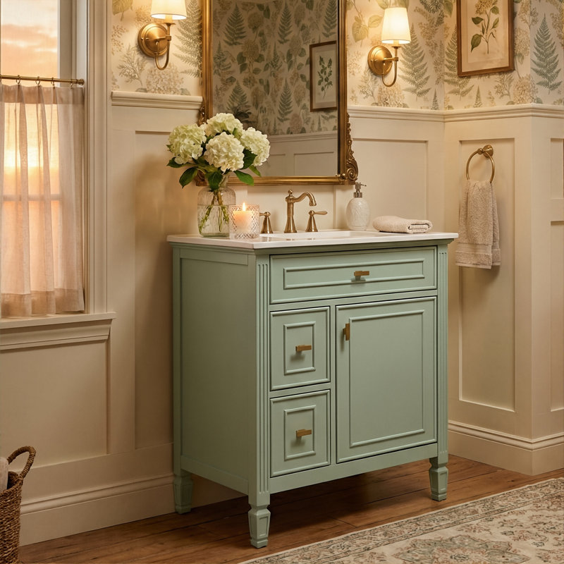 24" Modern Farmhouse Vanity Set, Solid Wood & MDF Cabinet With Gold Handles, Ceramic Top & 3-Drawer Storage, Green
