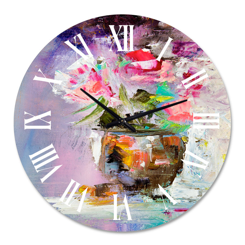 Bouquet de fleurs roses fraîches et abstraites - horloge murale moderne, Moyenne