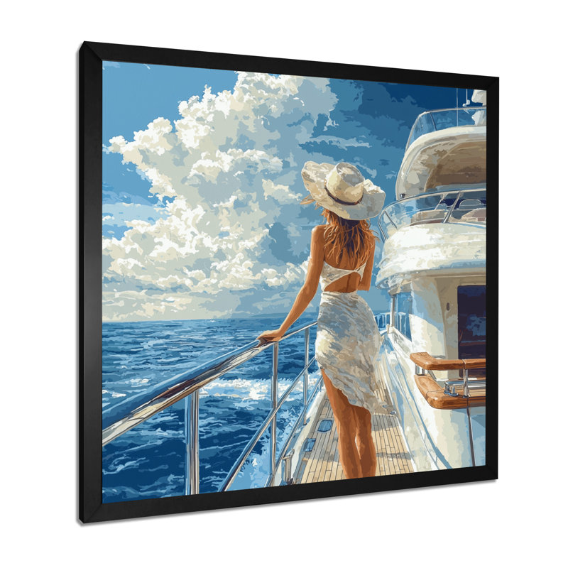 «Audronius Woman Influencer On A Yacht I», art mural femme, Reproduction encadrée d'une seule photo, Noir, noir, noir, noir