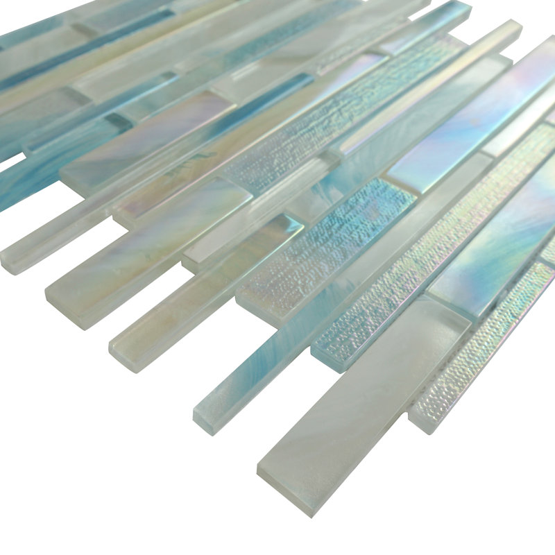 Aurora Interlocking Glossy Glass Linear Mosaic Tile, Blue