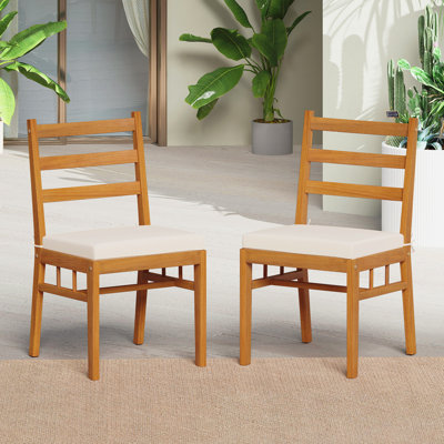  Solid Acacia Wood Patio Chair Set of 2 w/ Padded Seat Cushions