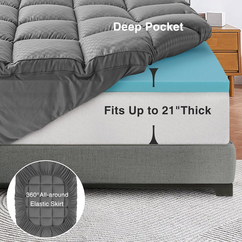 Dual-Layer 4 Inch Memory Foam Mattress Topper For Back Pain, 2 Inch Cooling Pillow Top Mattress Pad Cover And 2 Inch Gel Memory Foam Topper, Deep Elastic Pocket, Grey