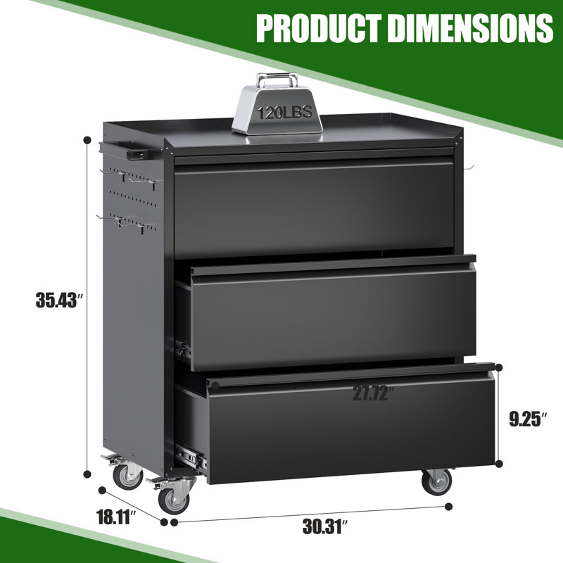 35" H Metal Garage Storage Cabinet With Wheels,roolling Tool Storage Cabinet With 3 Drawers And Pegboard For Garage, Home, Office,assembly Required,black