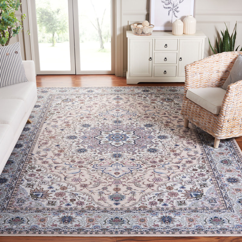 Tucson Secret Garden Washable Non-Slip Area Rug in Beige & Light Blue, Rectangle 244 x 305 cm