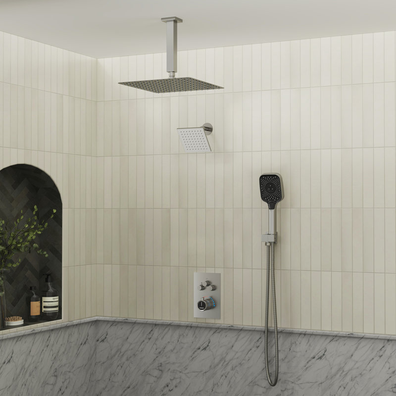 Rainfall Symphony 12inch 3-Function Dual Shower Head Thermostatic Shower System with 3 Sprays Handheld, Brushed Nickel