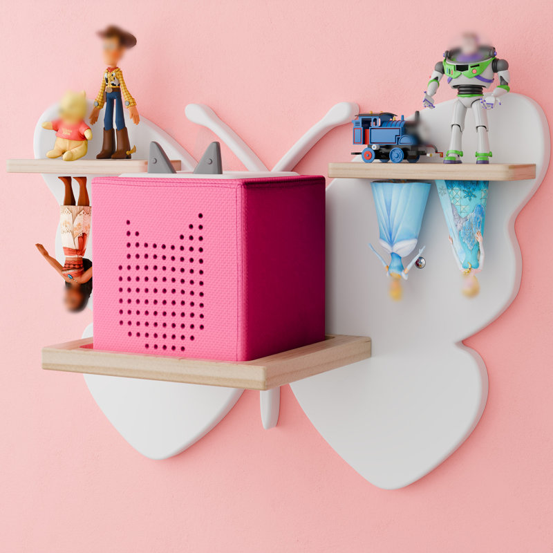 White Magnetic Wooden Floating Shelf For Tonie Figures And Tonie Box, Stylish Butterfly Design, Wall-mounted Storage Holds 8-12 Characters, Clean White Finish, Sturdy And Decorative Organizer.