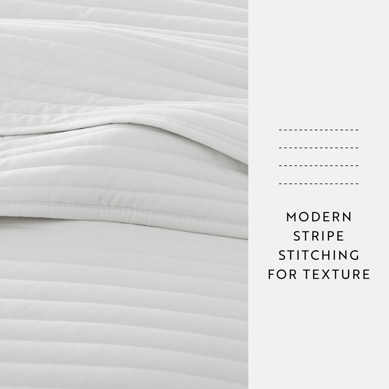 Becky Cameron Lightweight All Season Stripe Stitch Quilt Set with Shams, King/Cal-King Quilt + 2 King Shams, White