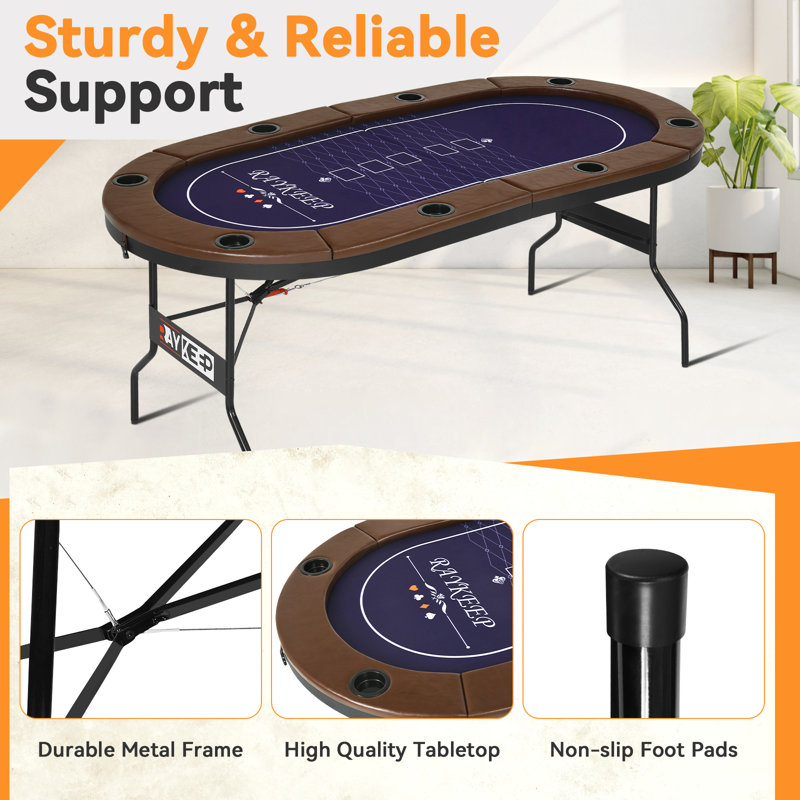 71'' 8 - Player Foldable Poker Table with Padded Rails and Cup Holders, Brown/Blue