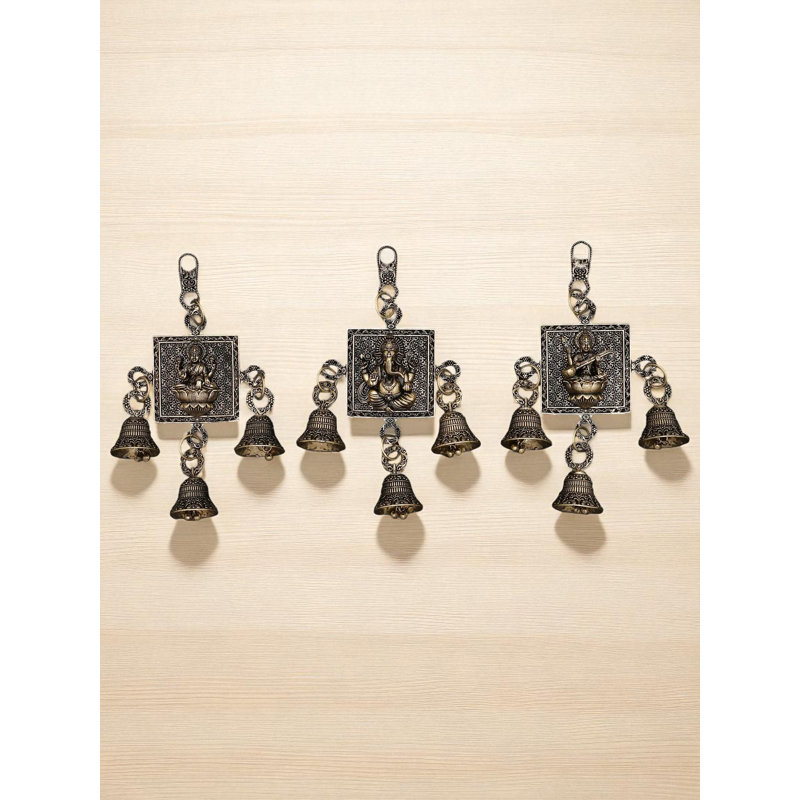 6 Inch Small Lakshmi Ganesha Saraswati Wall Hanging Bells Brass