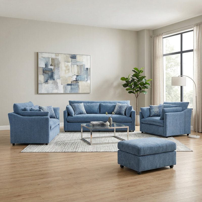 Ensemble de salon, canapé, causeuse et repose-pieds 4 pièces Roundhill Furniture Wilson, bleu côtier, Bleu côtier