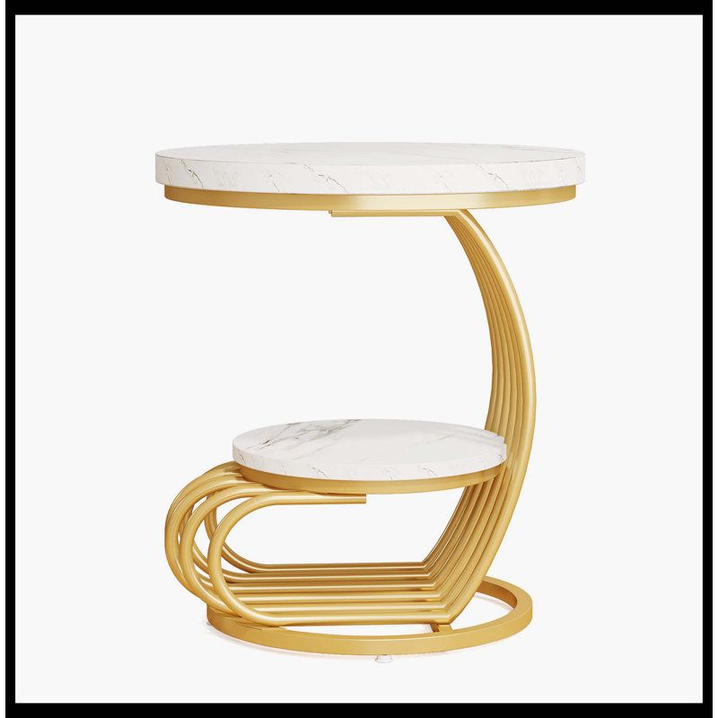 Table de bout ronde, table d'appoint en faux marbre 2 niveaux avec tablette de rangement, Blanc, Doré