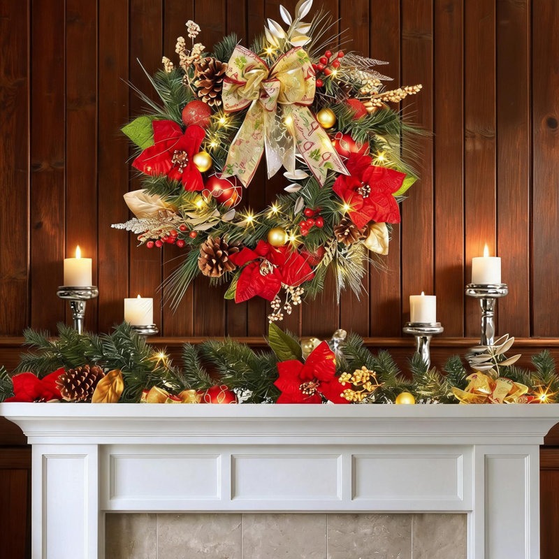 Couronne de Noël rouge et dorée pré-illuminée de 61 cm (24 pouces), avec guirlande de 2,74 m (9 pieds).