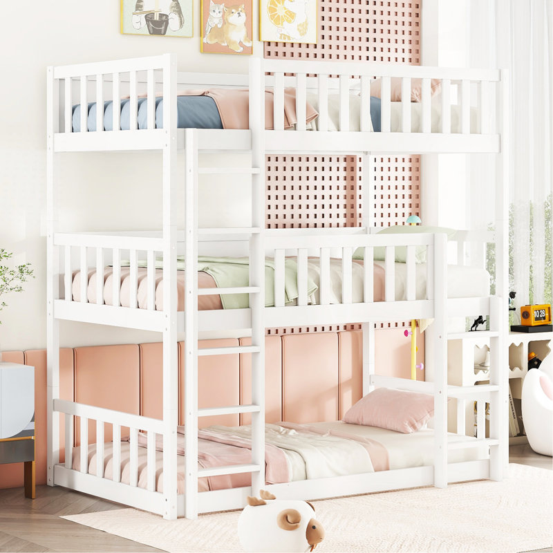 Twin Size Triple Rubber Wood Bunk Bed, With Ladders, Guardrails Detachable Bunk Bed, Twin Over Twin Over Twin,White, White